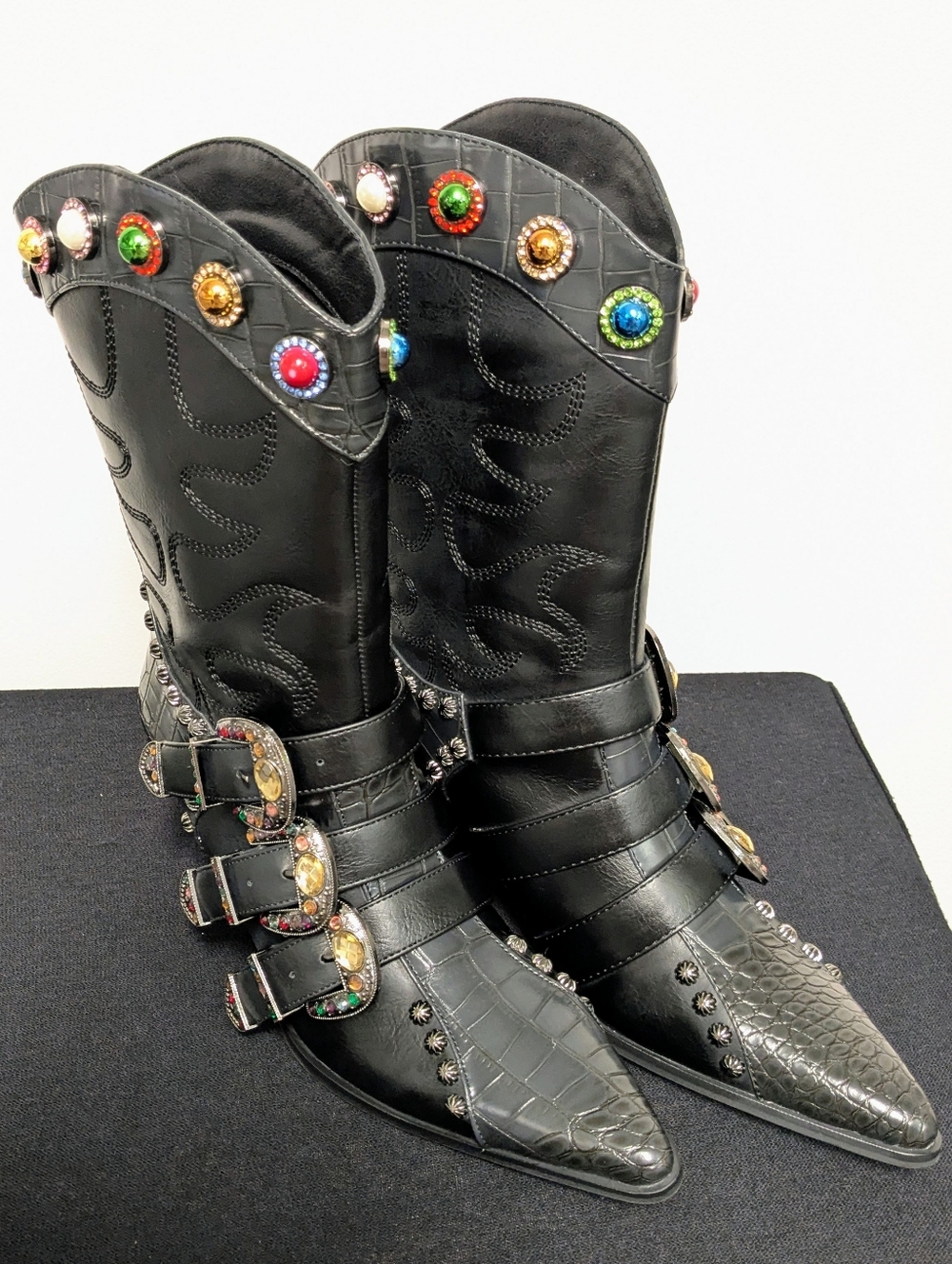 RARE Azalea Wang Jeweled Western Buckle Boots Statement Festival Cowboy Glam NEW